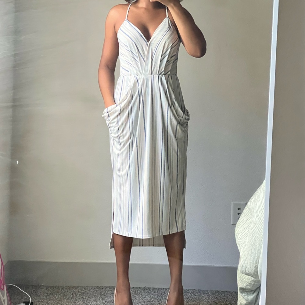 BCBGeneration Striped Midi Dress in Cream and Gray